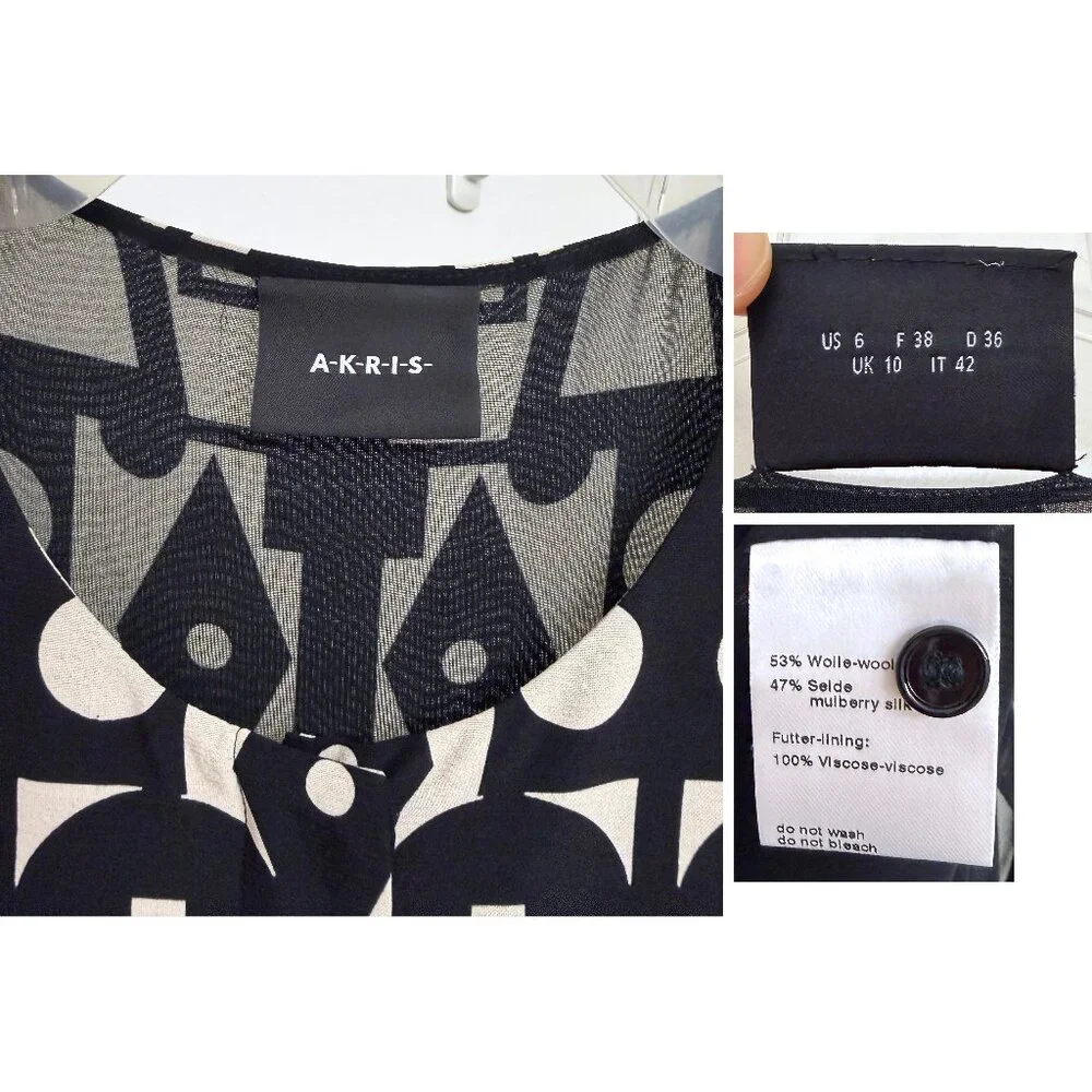Akris Kaleidoscope Print Maxi Dress Pleated Black White Geometric Wool Silk 6 - Picture 3 of 16